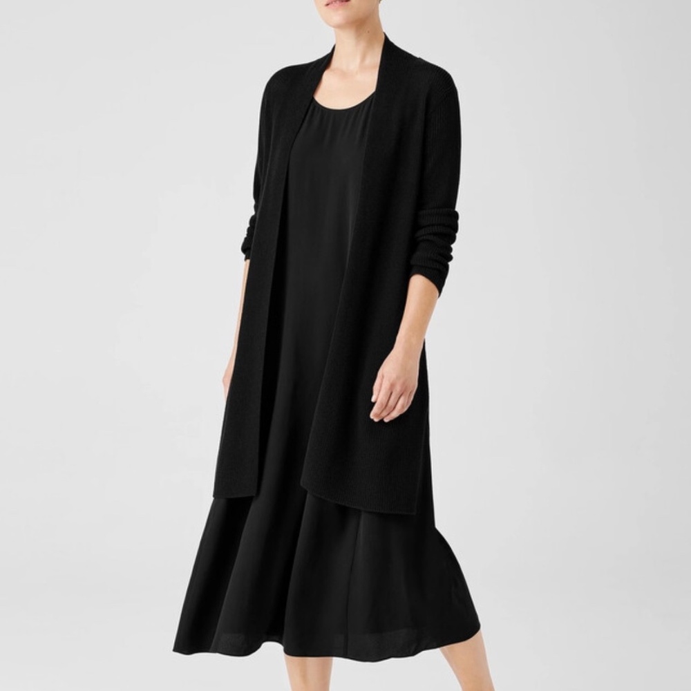 Eileen Fisher Organic Cotton Silk Long Black Cardigan